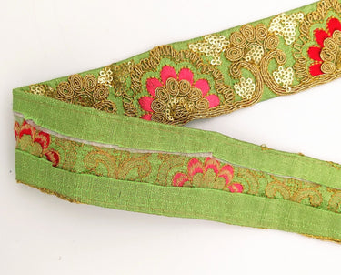 Green Art Silk Trim With Intricate Floral Embroidery With Sequins, Lace Trim, Indian Lace Trim